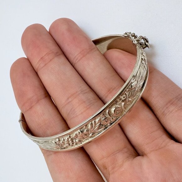 Antique Sterling Silver 925 Rose Flower Design Hinged Bangle Bracelet Size L - Picture 2 of 10